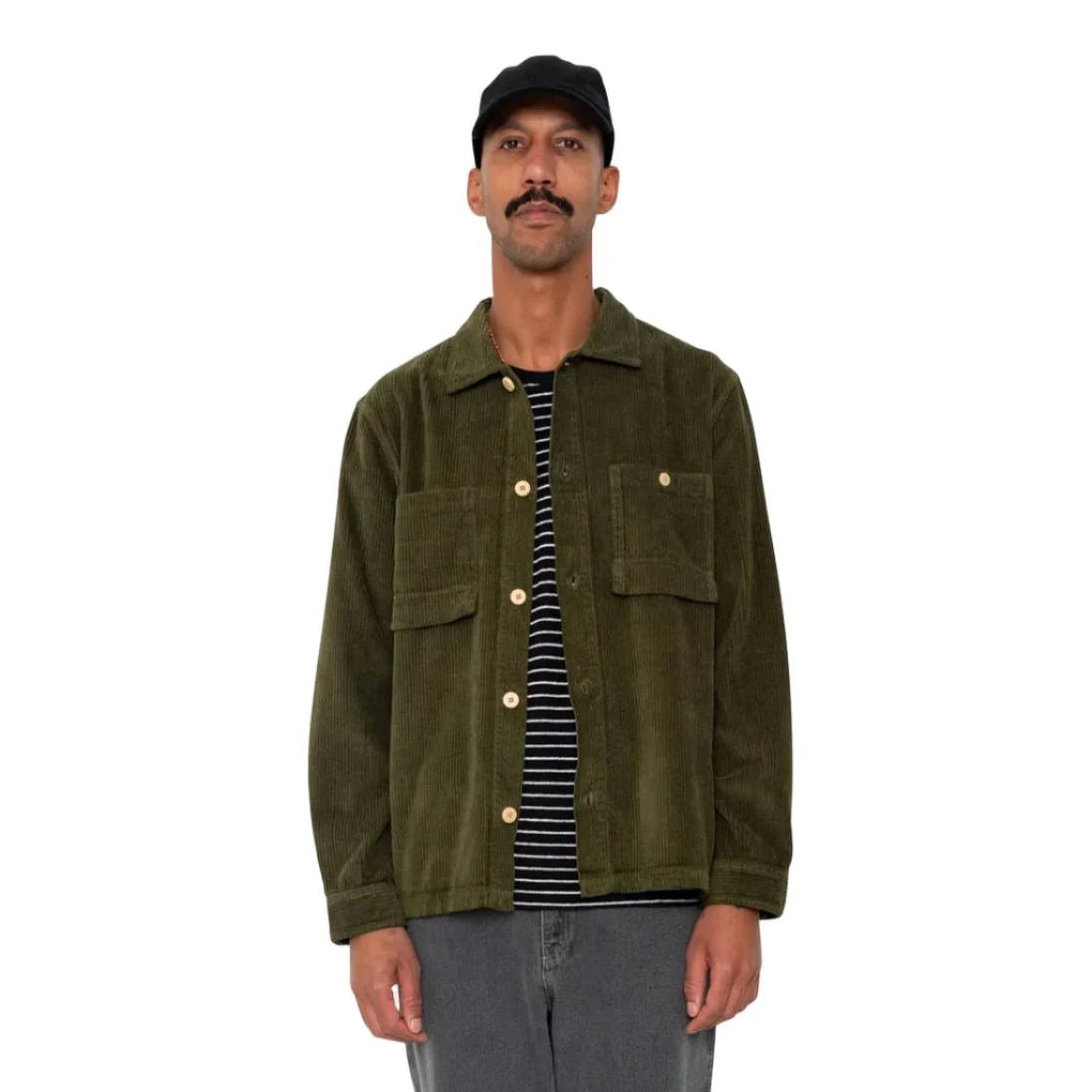 Folk Patch Overshirt Chunky Cord Olive - Image 2