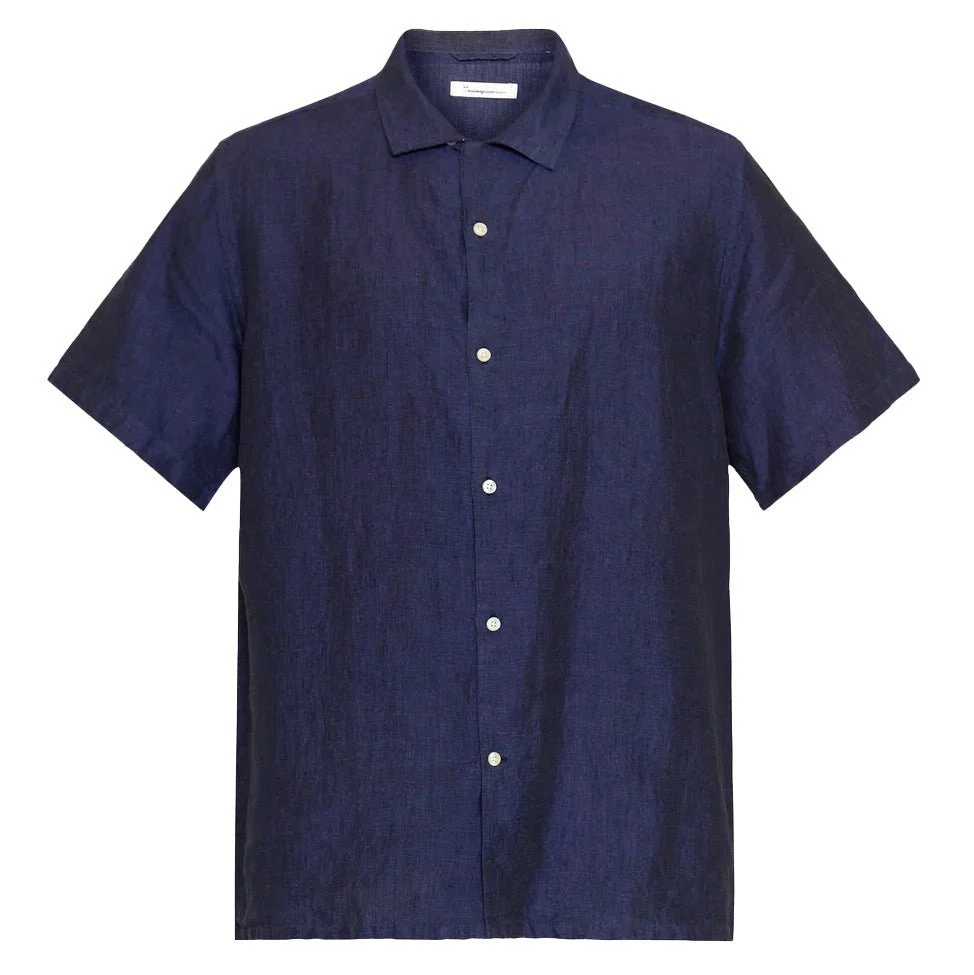 Knowledge Cotton Apparel Box Short Sleeve Linen Shirt Total Eclipse - Image 4