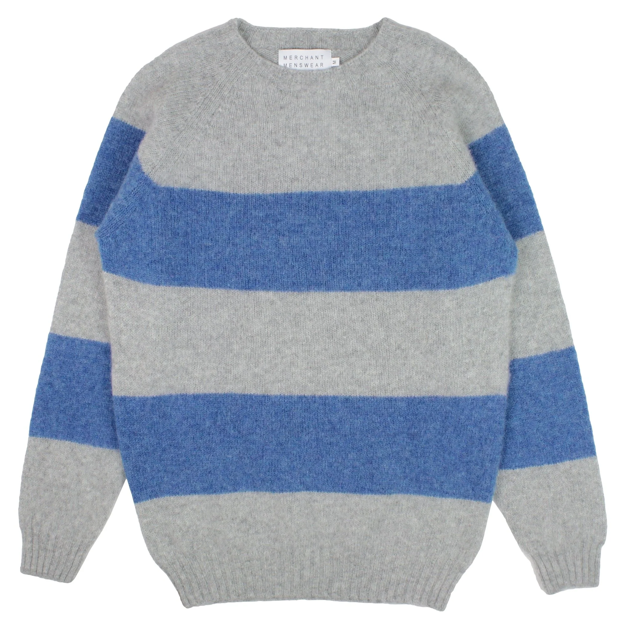 Merchant Menswear Shaggy Brushed Striped Crew Silver / Bluetoon