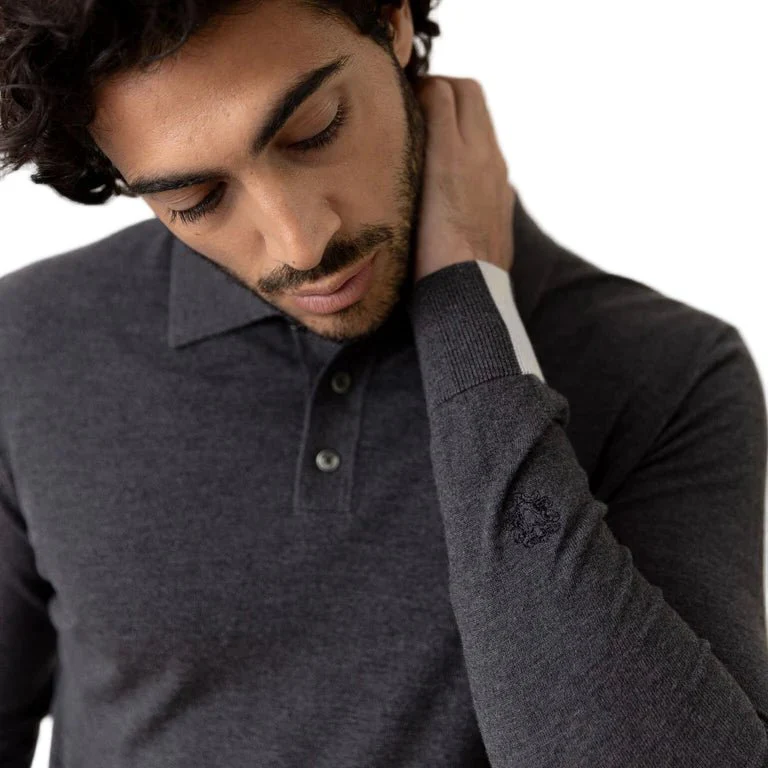 Mos Mosh Gallery Adam Soft L/S Polo Knit Charcoal Melange - Image 3
