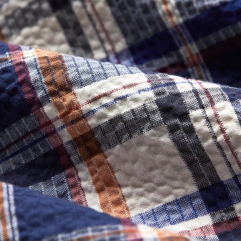 Portuguese Flannel Prainha S/S Seersucker Check Shirt Blue Multi - Image 3