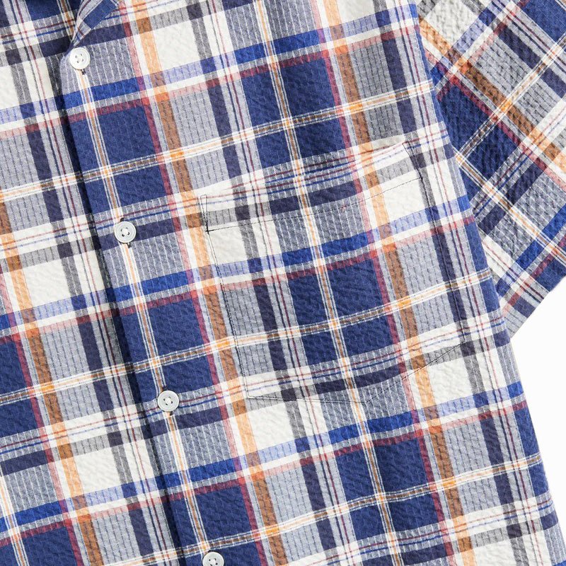 Portuguese Flannel Prainha S/S Seersucker Check Shirt Blue Multi - Image 4