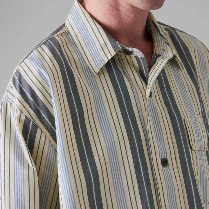 Toast Menswear Half Placket Striped Shirt Ecru / Mixed Blues