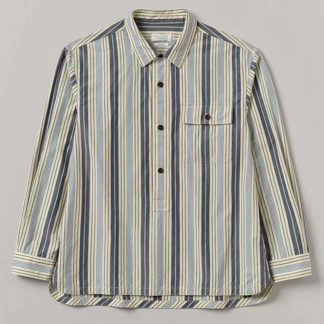 Toast Menswear Half Placket Striped Shirt Ecru / Mixed Blues - Image 2