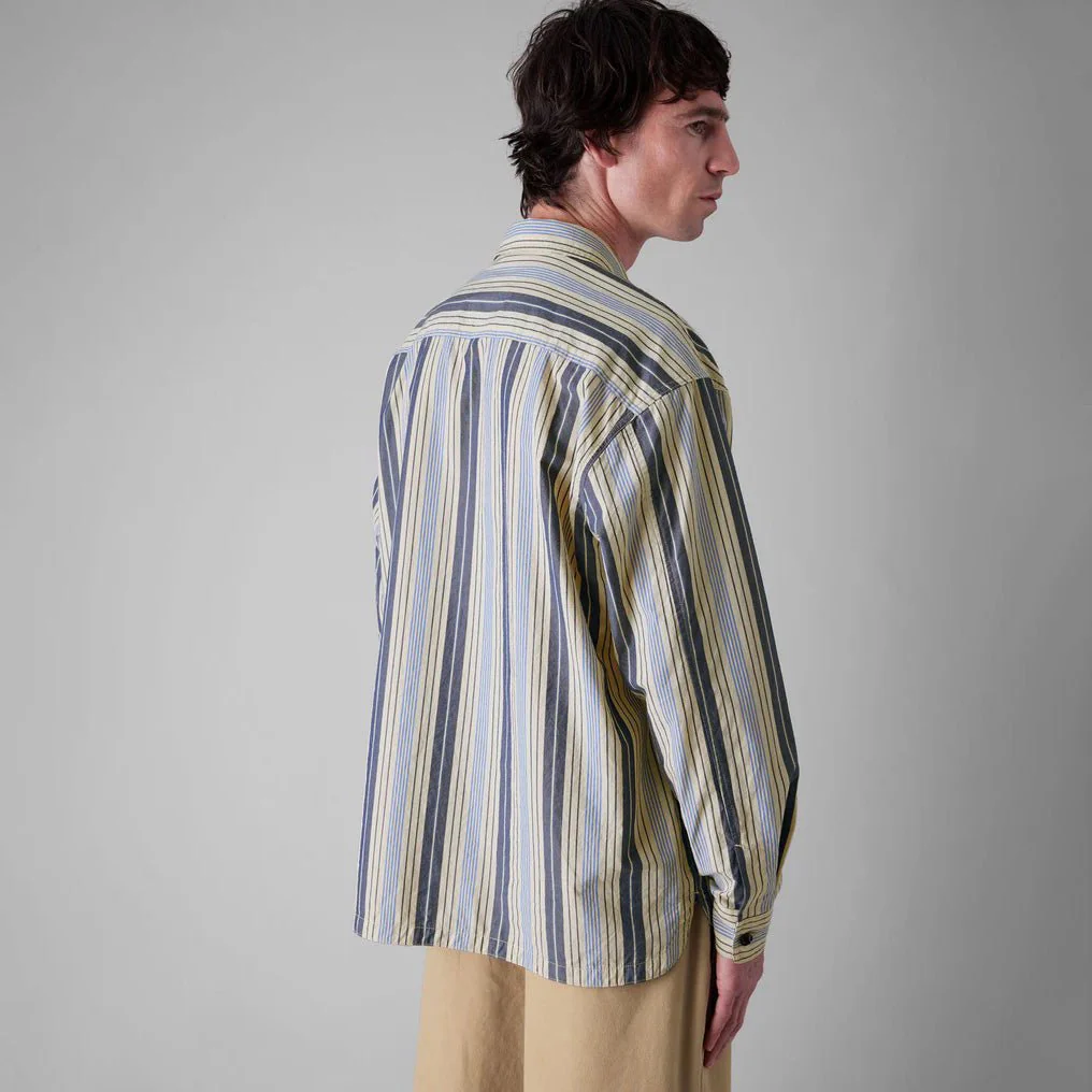 Toast Menswear Half Placket Striped Shirt Ecru / Mixed Blues - Image 4