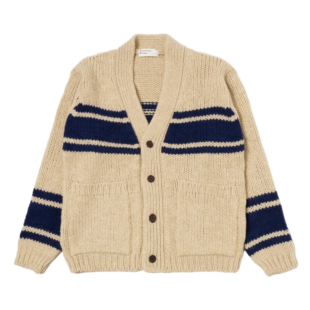 Universal Works Langdale Chunky Stripe Wool Cardigan Sand