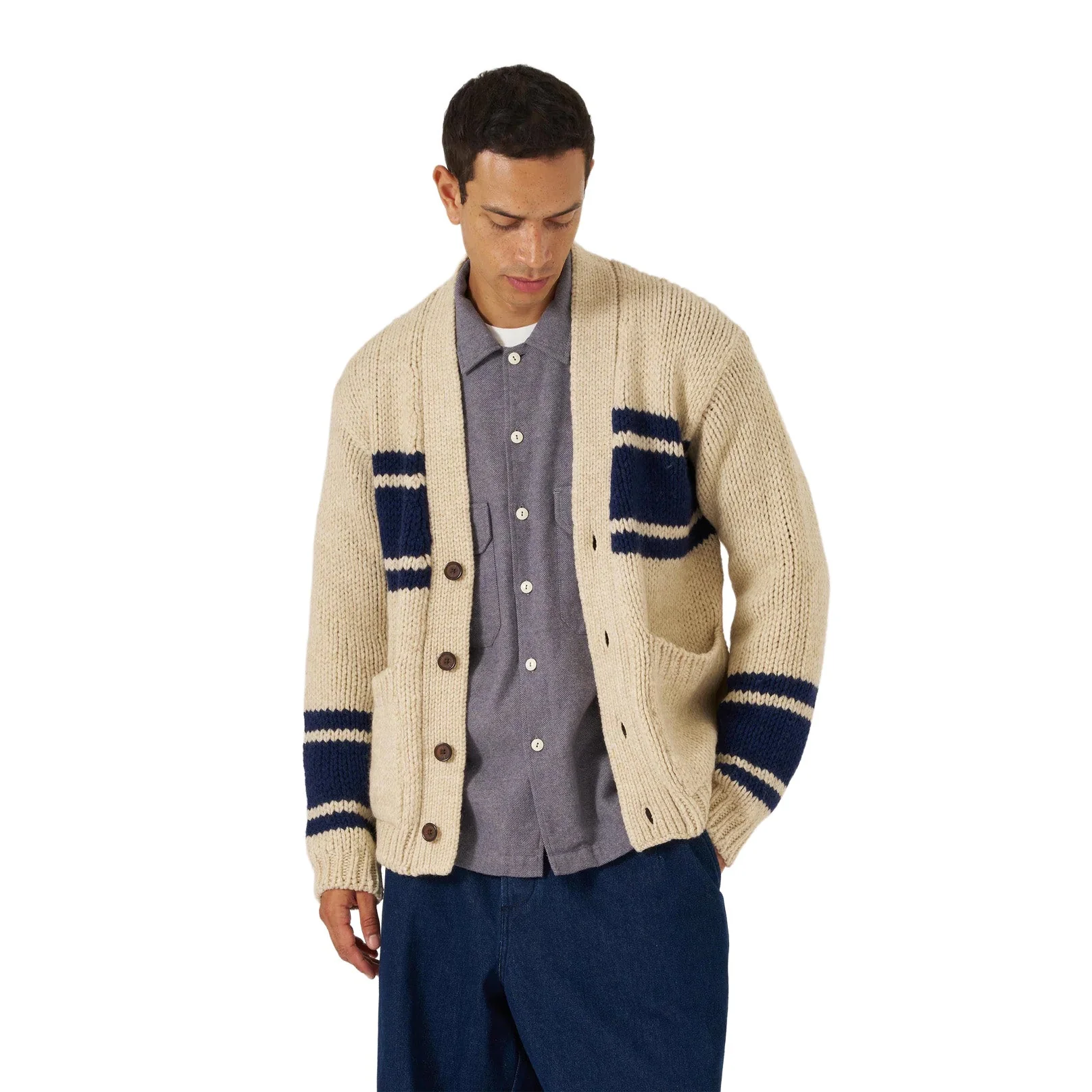 Universal Works Langdale Chunky Stripe Wool Cardigan Sand - Image 2